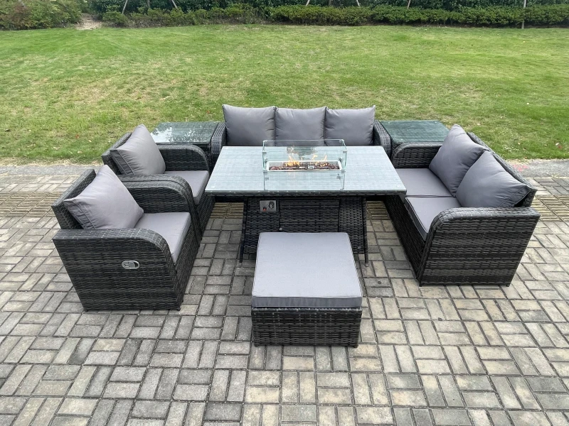 Image of Fimous 8 Seater PE Wicker Outdoor Rattan Garden Furniture Set Propane Gas Fire Pit Table and Sofa Chair set with 2 Side Tables Big Footstool Dark Grey