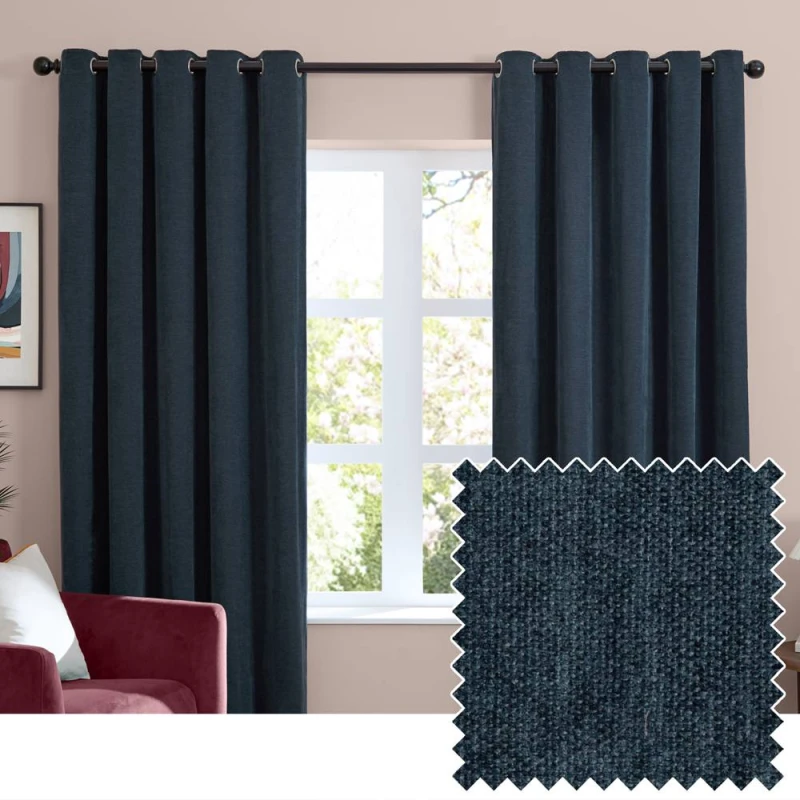 Image of Furn Soft Chenille Blackout Eyelet Curtain Pair in Navy Size: 117cm width x 137cm drop Navy Unisex 117cm width x 137cm drop