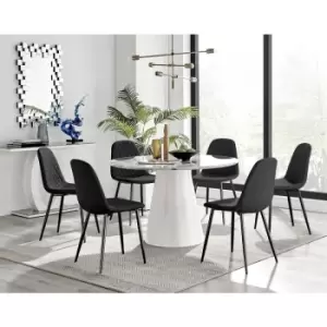 Image of Furniturebox Palma White Marble Effect 120cm Round Minimalist Dining Table & 6 Black Corona Faux Leather Dining Chairs with Black Legs Diamond Stitch