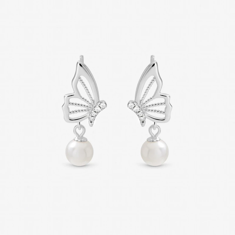 Image of Inicio Sterling Silver Plated Butterfly Pearl Earrings Silver female One Size