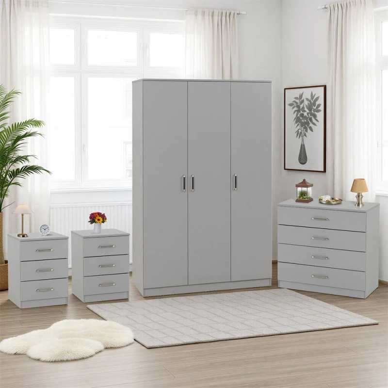 Image of Seconique Dakotia 3 Door Wardrobe Bedroom Set in Light Grey Light Grey Unisex