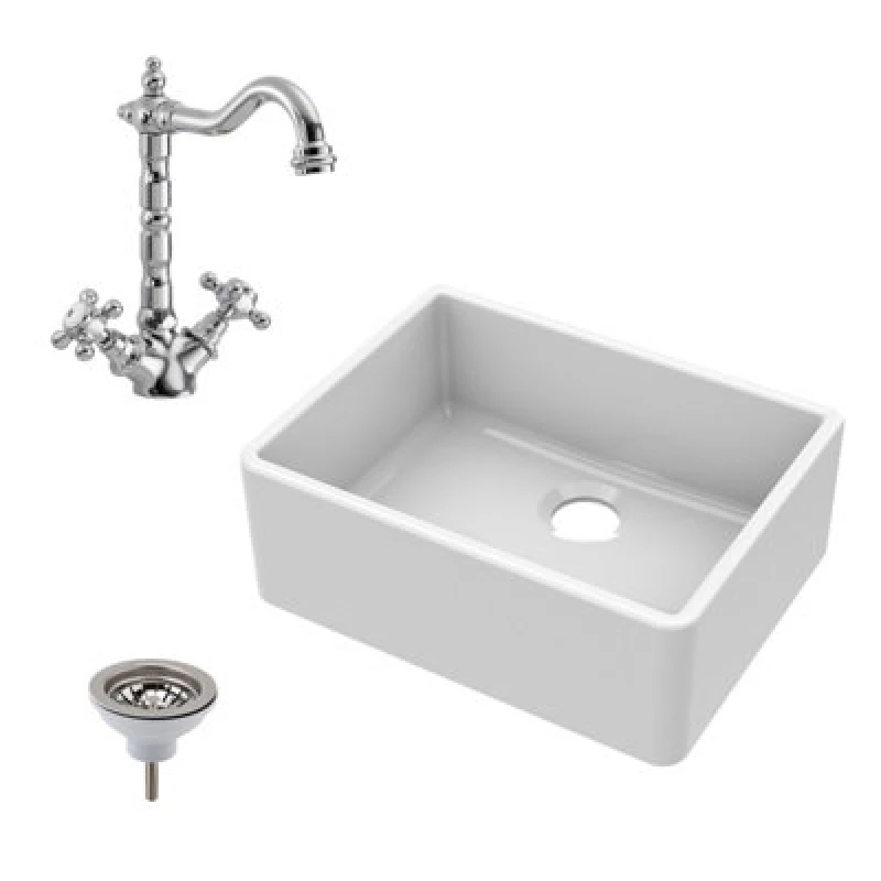 Image of Balterley Fireclay Kitchen Butler Sink, Waste & French Tap, 595mm - Chrome Silver