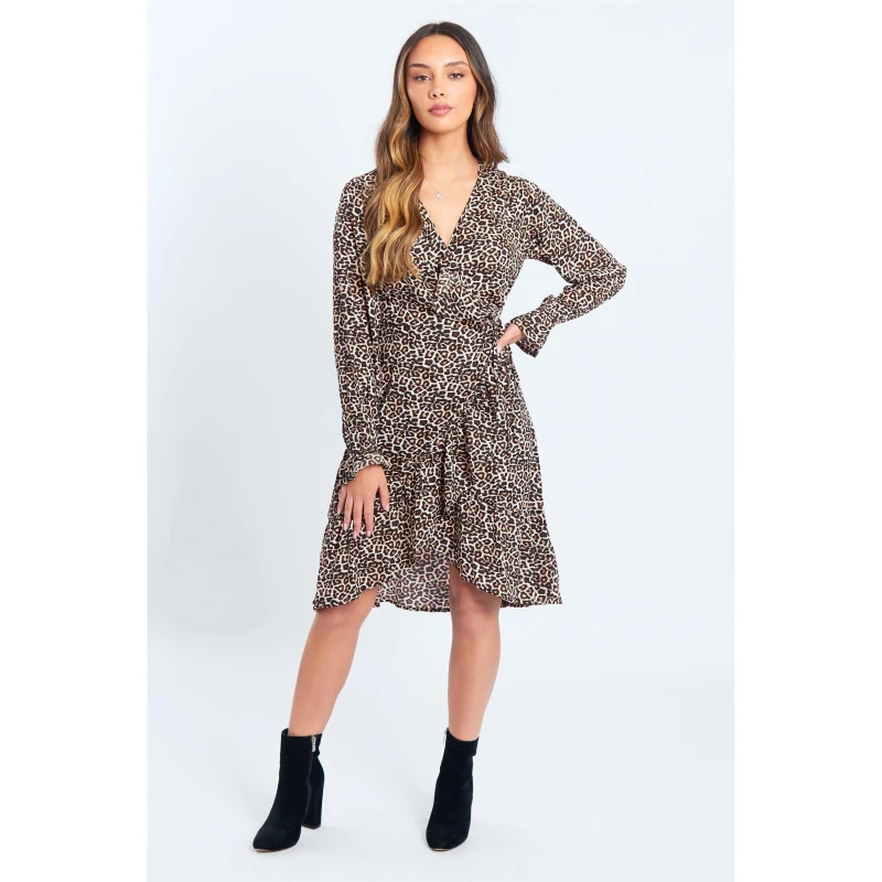 Image of Be You Leopard Ruffle Wrap Mini Dress Womens - Brown Brown 8