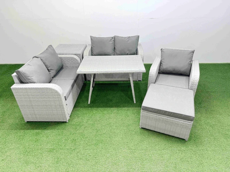 Image of Fimous 6 Seater Outdoor Rattan Garden Furniture Love Sofa Reclining Chair Set in Light Grey Light Grey Unisex