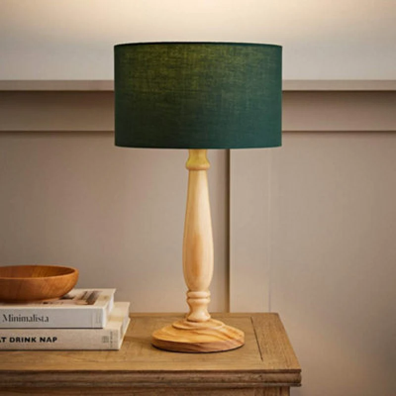 Image of ValueLights Victoria Light Wood Traditional Stem Table Lamp with Fabric Drum Shade Green