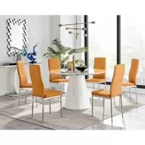 Image of Furniture Box Palma White Marble Effect Round Dining Table and 6 Mustard Milan Chrome Leg Chairs