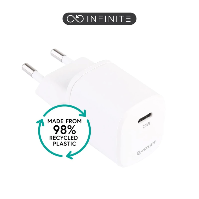 Image of eSTUFF 100% Recycled Plastic - Home Charger USB-C PD 3A 20W. EU Plug -
