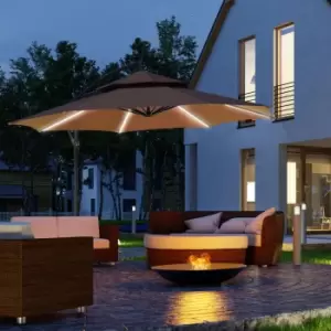 Image of Outsunny 3m Cantilever Banana Hanging Parasol with Double Roof, LED Solar lights and Crank - Coffee Brown