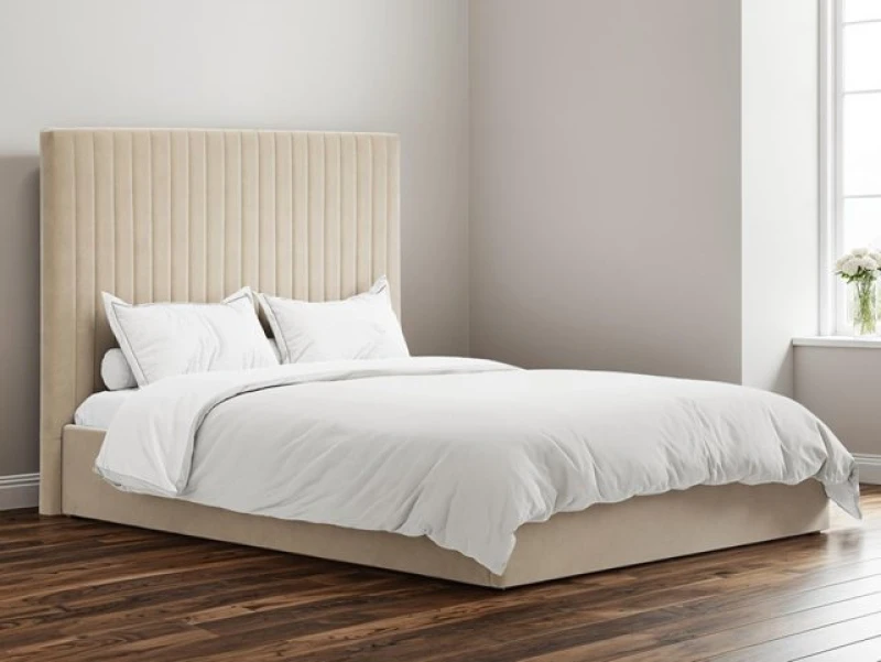 Image of LPD Berlin Tall Beige Velvet Fabric Ottoman Bed Frame - 5ft King Size