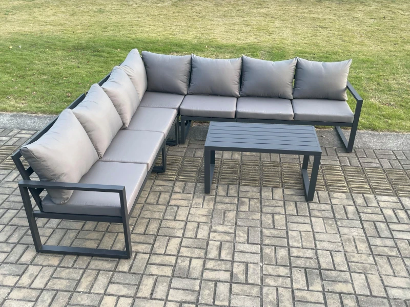 Image of Fimous Aluminium Patio Outdoor Garden Furniture Lounge Corner Sofa Set with Oblong Coffee Table Dark Grey Dark Grey Unisex