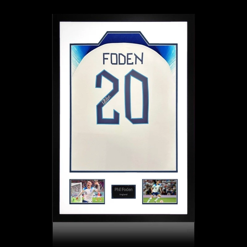 Image of The Fan Cave Phil Foden Signed England Shirt Premium Frame White unisex 850x600mm