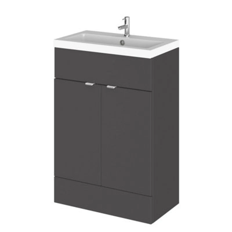 Image of Hudson Reed Fusion Floor Standing 2 Door Vanity Unit & Polymarble Basin, Stylish Sink Vanity Unit, Gloss Grey, 600mm