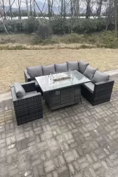 Image of Fimous 7 Seater Outdoor Dark Grey Rattan Lounge Complete Sofa Set with Gas Fire Pit Dining Table