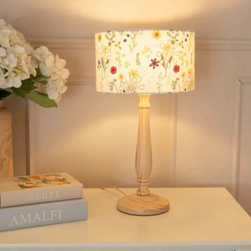 Image of ValueLights Victoria Light Wood Candlestick Table Lamp with Floral Embroidered Shade & Bulb Natural