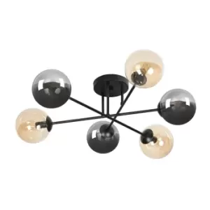 Image of Emibig Brendi Black Globe Multi Arm Semi Flush Ceiling light with Clear, Graphite Glass Shades, 6x E14