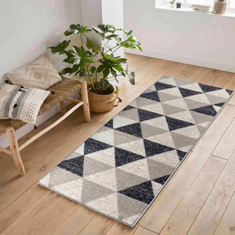 Image of Machine Washable Triangle Design Anti Slip Doormats Grey 80X300 Cm