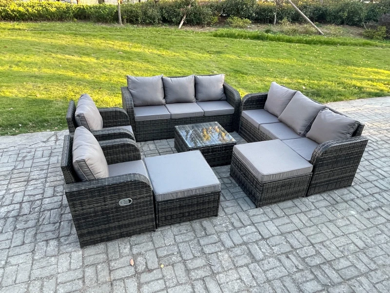 Image of Fimous 10 Seater Outdoor Rattan Garden Furniture Set Conservatory Patio Sofa Coffee Table With 2 Big Footstool Dark Grey Mixed Dark Grey