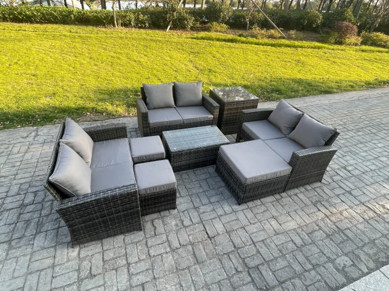 Image of Fimous 8pc Rattan Sofa Garden Furniture Outdoor Patio Set with Side Table 3 Footstools Double Seat Sofa Dark Grey Mixed Dark Grey Unisex