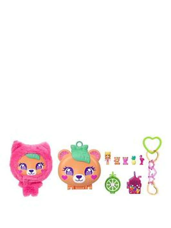Image of Polly Pocket Doll & Pets Playset Plushie Bear Compact Keychain and Plush with Fruit Theme Accessories and Charms JKC79