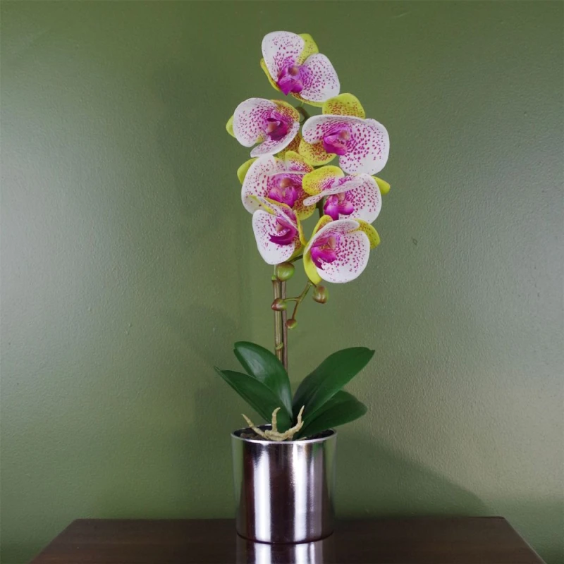 Image of Leaf 46cm Artificial Orchid Harlequin Pink with Silver Pot Pink