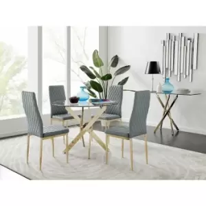 Image of Novara 100cm Gold Round Dining Table and 4 Grey Gold Leg Milan Chairs - Elephant Grey