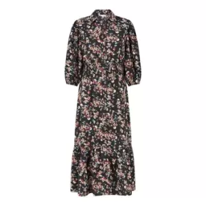 Image of Yumi Black Floral Print Shirt Midi Dress - Black