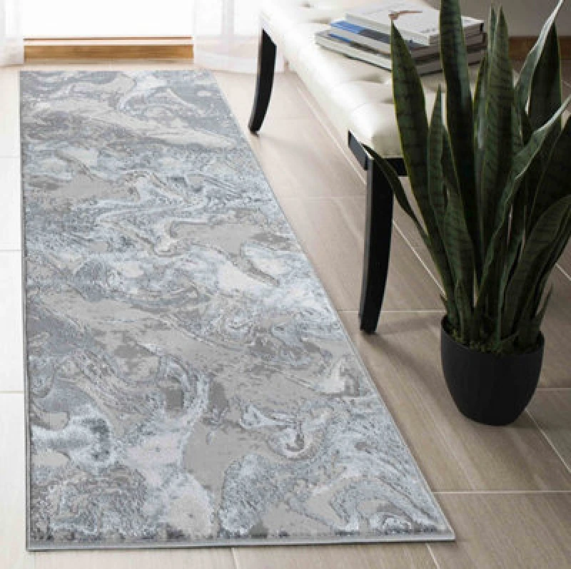 Image of Solarius Modern Grunge Marbling Abstract Area Rugs Silver 60X220 Cm