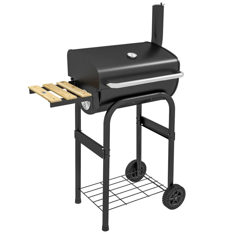 Image of Outsunny Charcoal Barbecue BBQ Grill Trolley with Shelves, Lid and Thermometer, Black 846-148V01BK