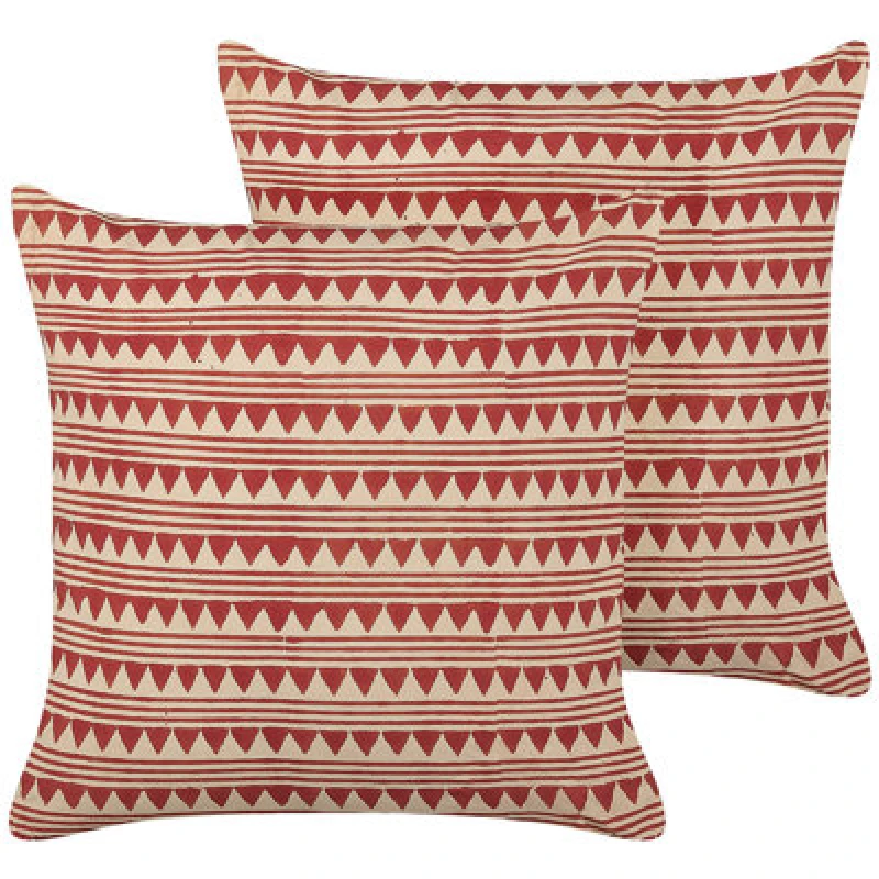 Image of Beliani Set Of 2 Decorative Cushions Deglupta Cotton 45 X 45cm Red Chevron Pattern