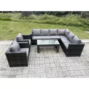 Image of Fimous 8 Seater Outdoor Dark Grey Mixed Rattan Lounge Complete Sofa Set with Rectangular Coffee Table