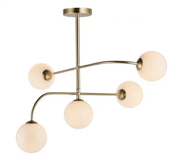Image of Semi Flush Satin Brushed Gold Effect Plate & Gloss Opal Glass 5 Light Dimmable IP20 - G9