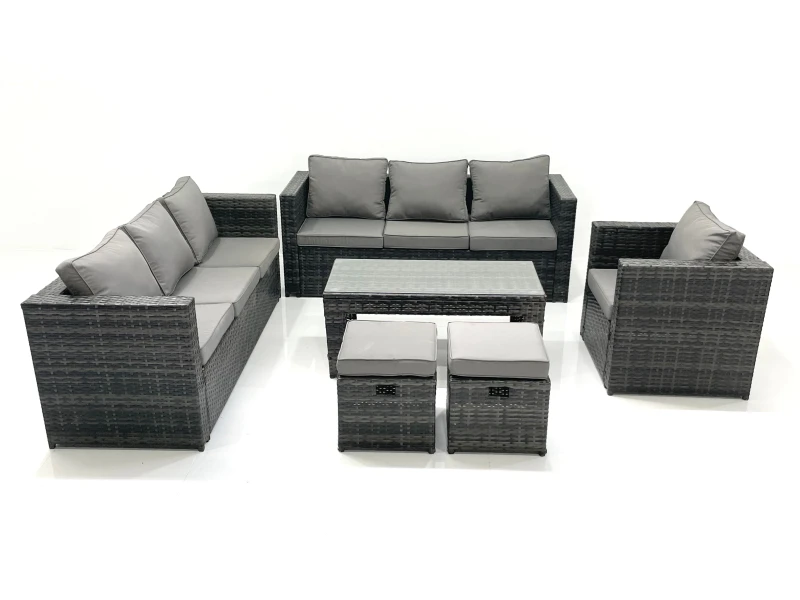 Image of Fimous Rattan Garden Furniture Set Outdoor 9 Seater Patio Conversation Sets with Glass Top Coffee Table Stool Dark Grey