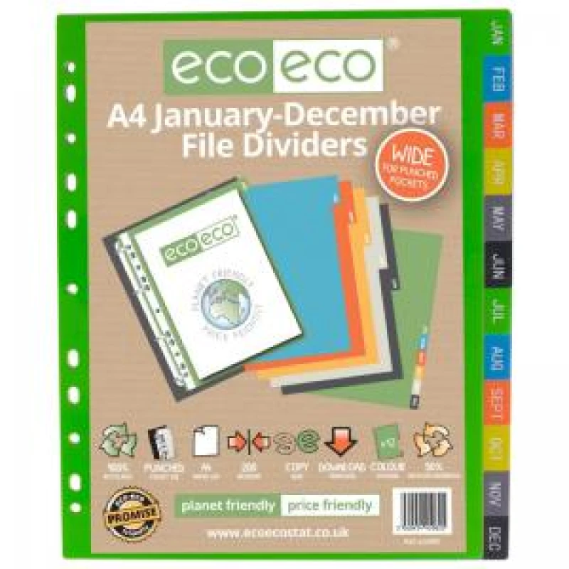 Image of Eco Eco Multicolour 50% Recycled Wide Index Dividers January - December eco082-S