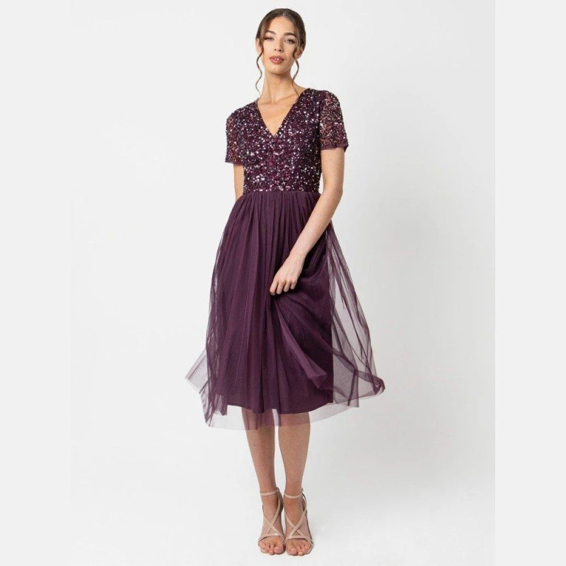Image of Maya Deluxe Maya V Neckline Embellished Midi Dress Berry female 6 (2XS)