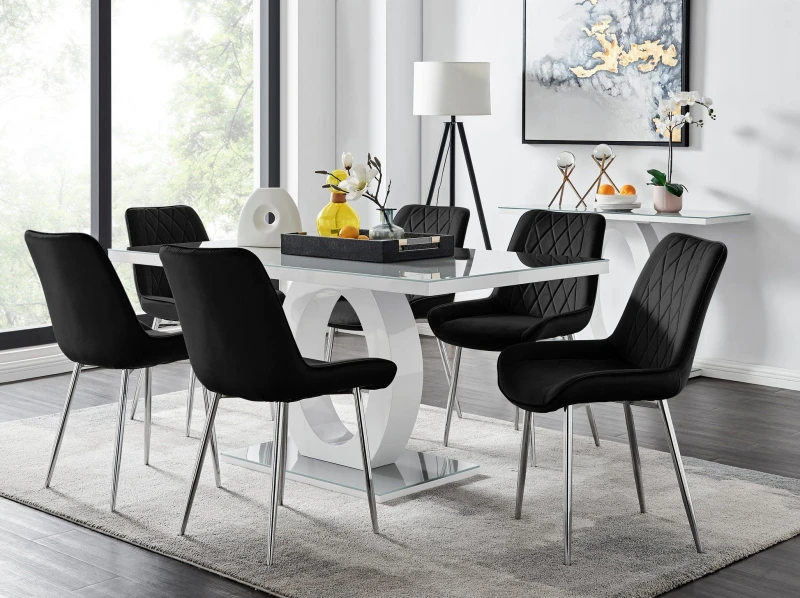 Image of FurnitureboxUK Giovani 6-Seater Grey Glass Dining Table & 6 Pesaro Soft Velvet Dining Chairs in Black Unisex