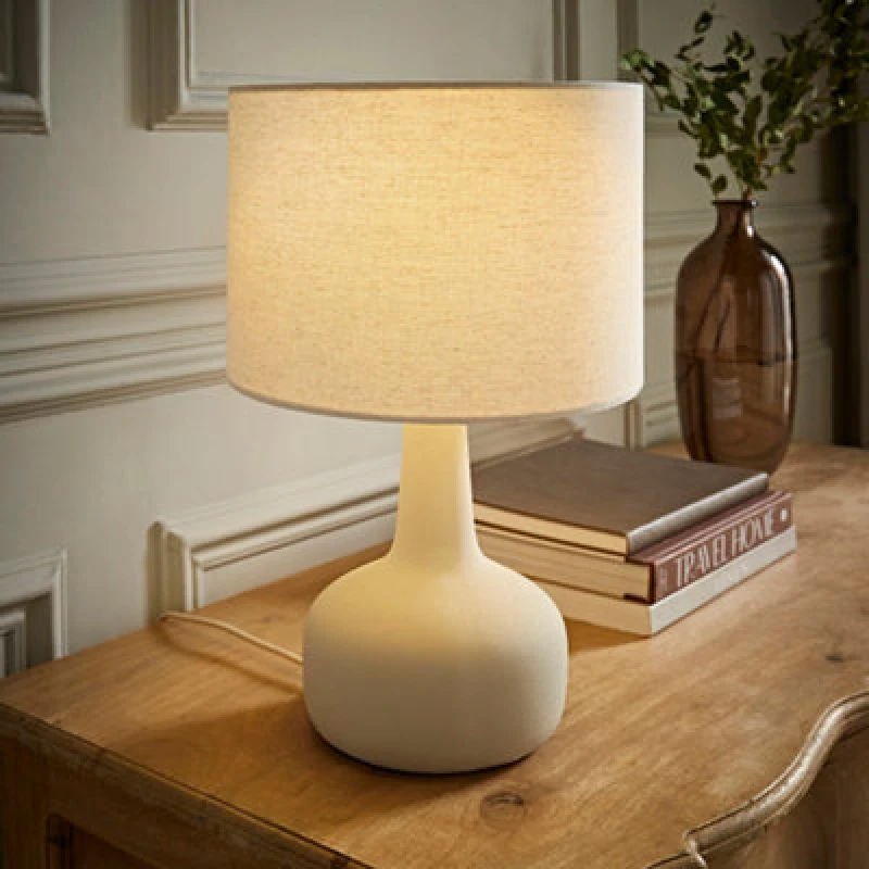 Image of ValueLights ValueLights Hayley Natural Linen Drum Shade Squat Base Ceramic Stonewear Table Lamp and Bulb in Beige Beige One Size Unisex 5059406066016
