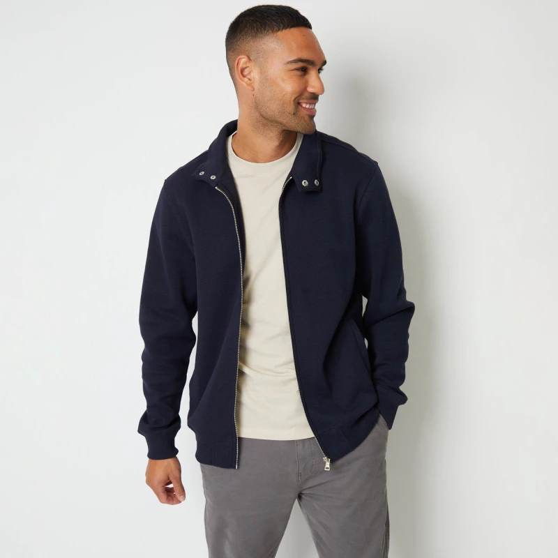 Image of Threadbare 'Snappy' Zip Up Popper Collar Pique Sweatshirt Navy