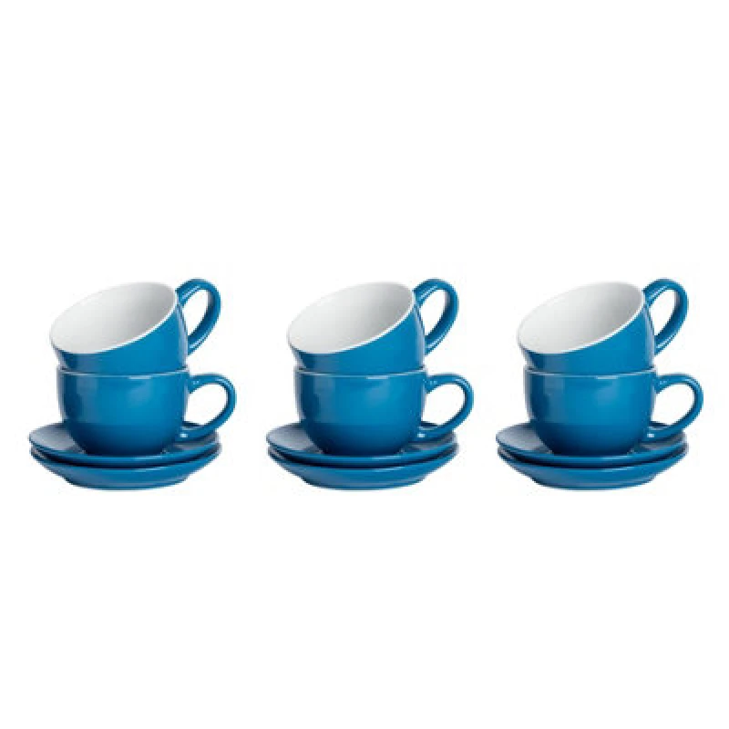 Image of Argon Tableware 12Pc Coloured Cappuccino Cup & Saucer Set - 250ml - Blue - Durable Stoneware Coffee Tea Cup Dishwasher