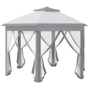 Image of Outsunny Hexagon Patio Gazebo Pop Up Gazebo Outdoor Double Roof Instant Shelter with Netting, 4m x 4m, Grey