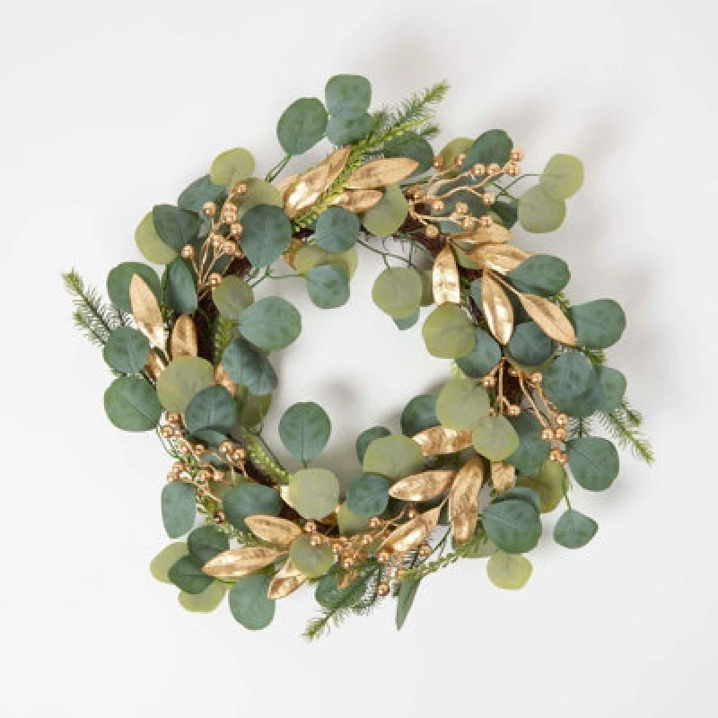 Image of Homescapes Green & Gold Eucalyptus Christmas Wreath, 56cm Gold