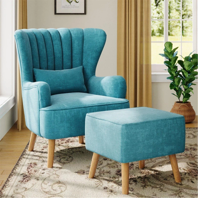 Image of Kabinet UK Faux Wool Upholstered Armchair and Footstool Blue unisex One size