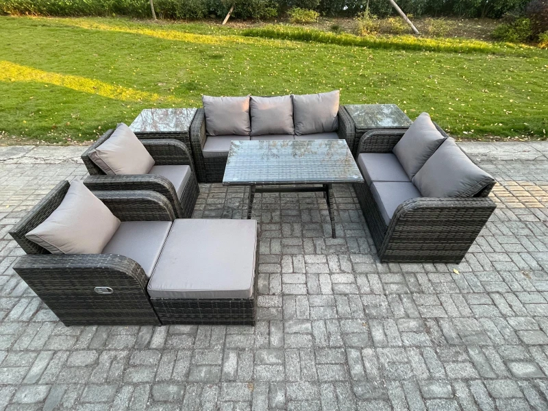 Image of FIMOUS Fimous 8 Seater High Back PE Rattan Sofa Set Outdoor Garden Furniture Dining Table Set With Reclining Chair 3 Seater Sofa Love Sofa 2 Side Tabl