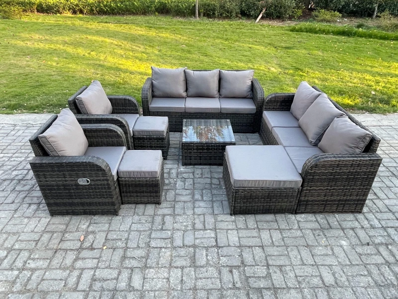 Image of Fimous High Back Rattan Garden Furniture Set with Square Coffee Table 3 Footstools Indoor Outdoor Patio Lounge Sofa Set Dark Grey Mixed Dark Grey