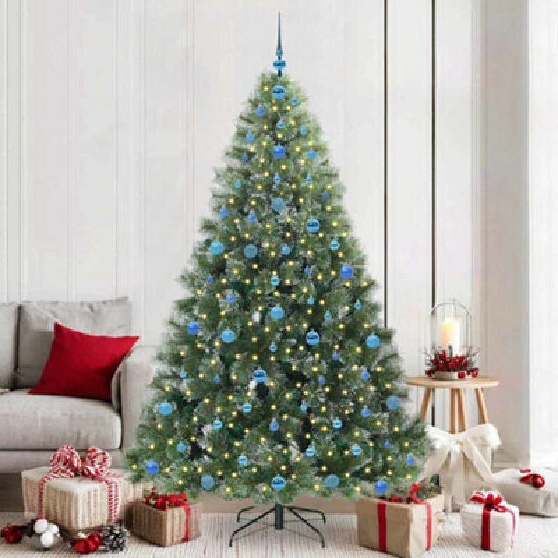 Image of vidaXL Artificial Christmas Tree with 300 LEDs & Blue Balls Snow Flocked Green 210cm PE and PVC, Green 3397868