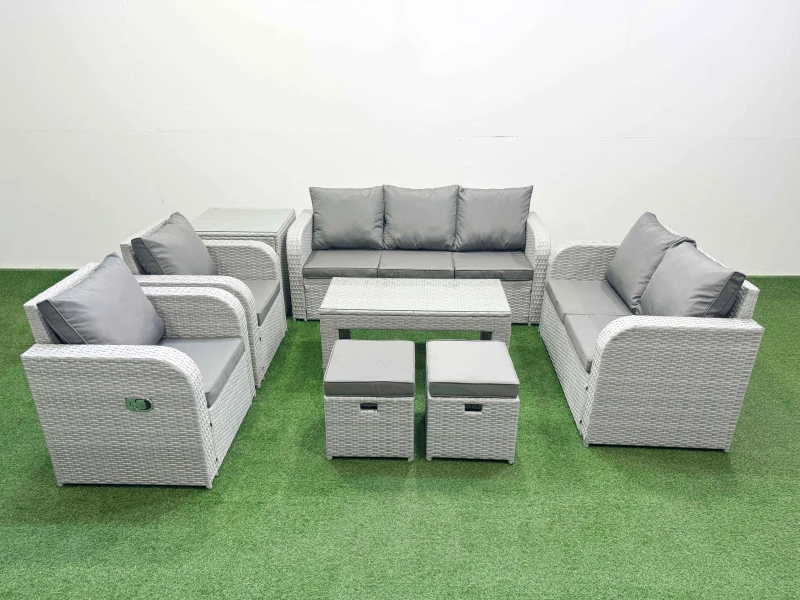 Image of Fimous PE Rattan Garden Furniture Set Adjustable Chair Sofa Double Love Seat 2 Seater Sofa Lounge Set Rectangular Coffee Table 2 Stools Side Table Lig