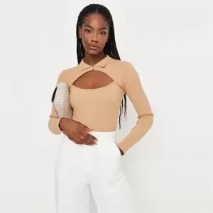 Image of Missguided Ls Collared Cut Out Bodysuit - Neutral