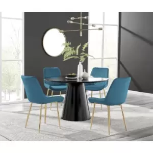 Image of Furniturebox Palma Black Semi Gloss 120cm Round Minimalist Dining Table & 4 Blue Pesaro Gold Leg Chairs