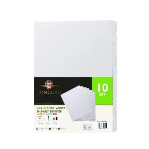 Image of Concord Unpunched Divider 10-Part A4 150gsm White Pack of 10 75801
