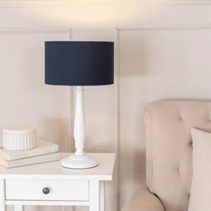 Image of ValueLights Victoria White Wood Traditional Stem Table Lamp with Fabric Drum Shade Navy