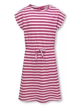 Image of Only Kids Girls May Short Sleeve Stripe Jersey Dress - Very Berry/Cloud Dancer, Dark Pink, Size 9-10 Years, Women